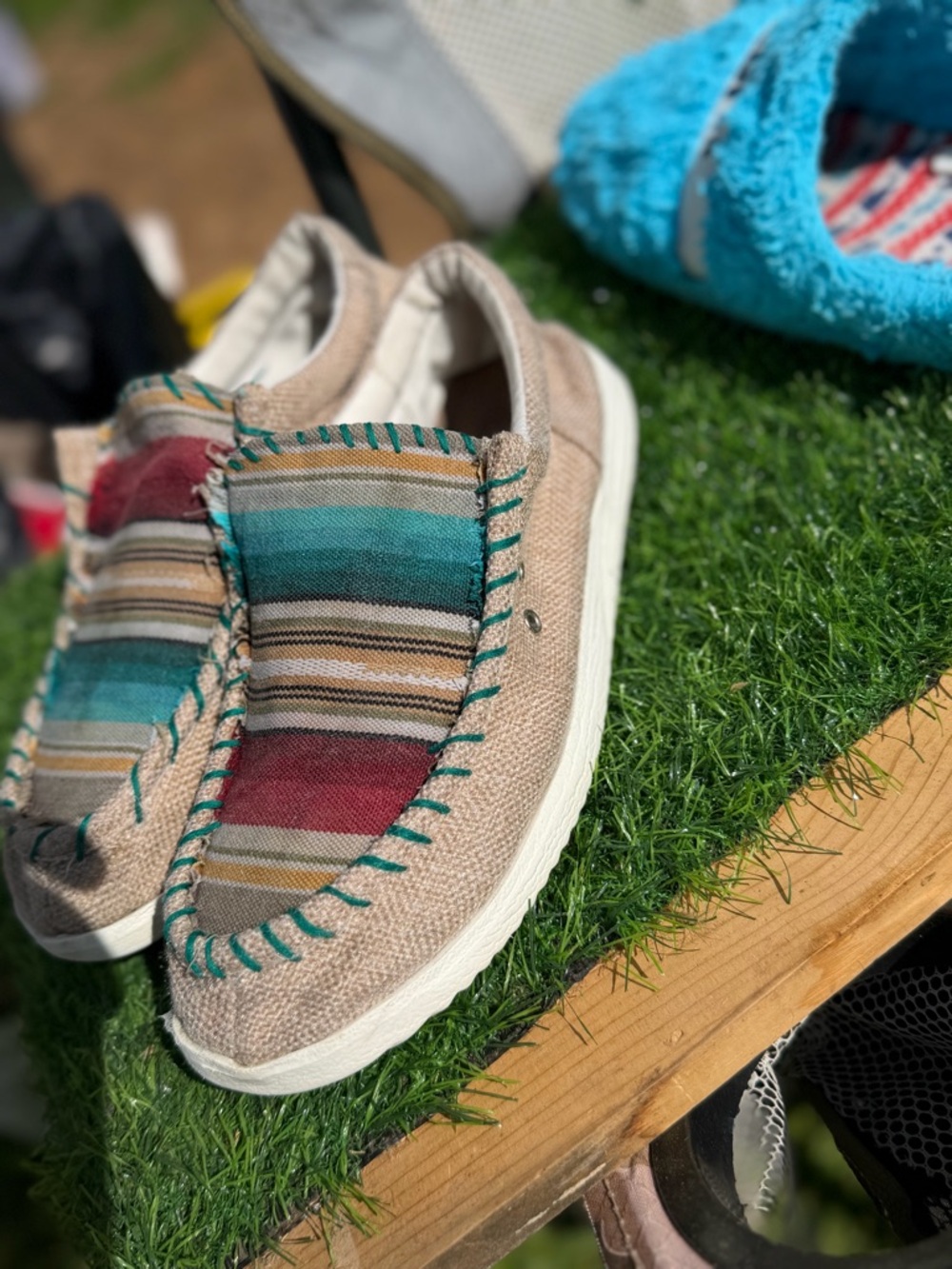 Slip-On Canvas Shoes in Beige with Multicolor Stripe